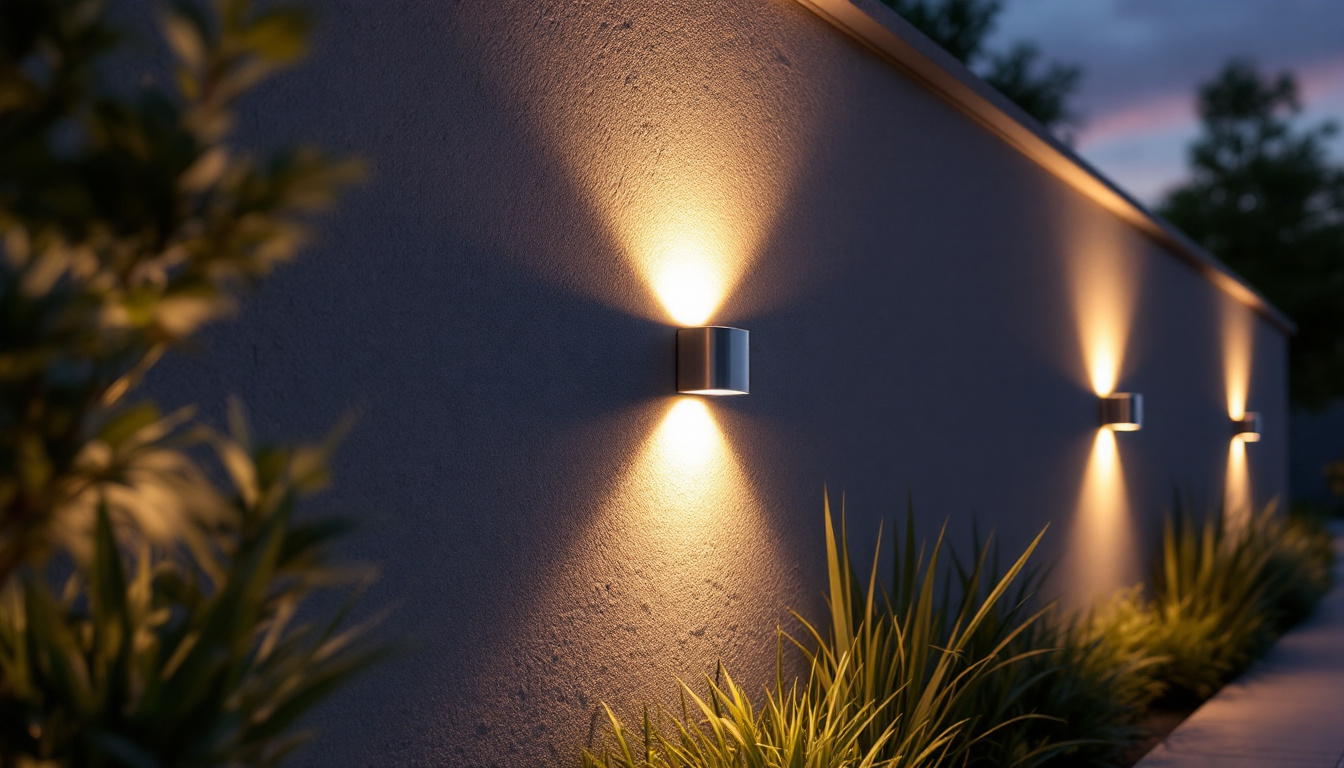 A photograph of a beautifully illuminated outdoor wall featuring stylish solar wall lights at dusk