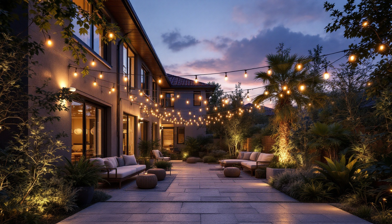 A photograph of a beautifully illuminated outdoor space featuring solar-powered lights