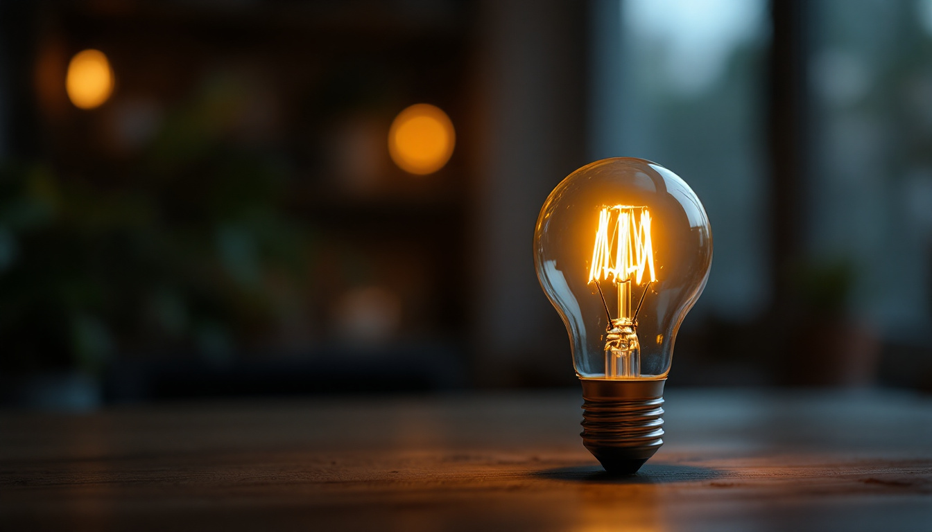 A photograph of a glowing 120v light bulb in a cozy
