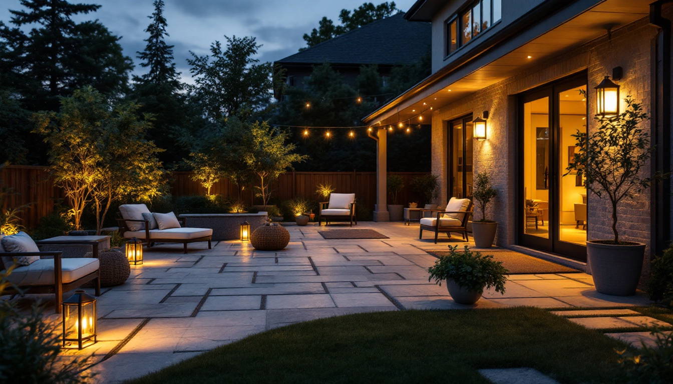 A photograph of a beautifully designed patio illuminated by a mix of stylish