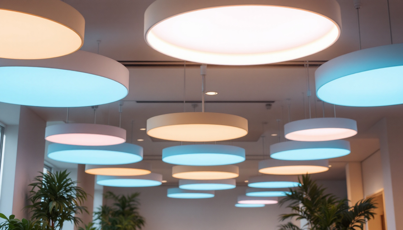 A photograph of a modern interior space featuring suspended ceiling light covers