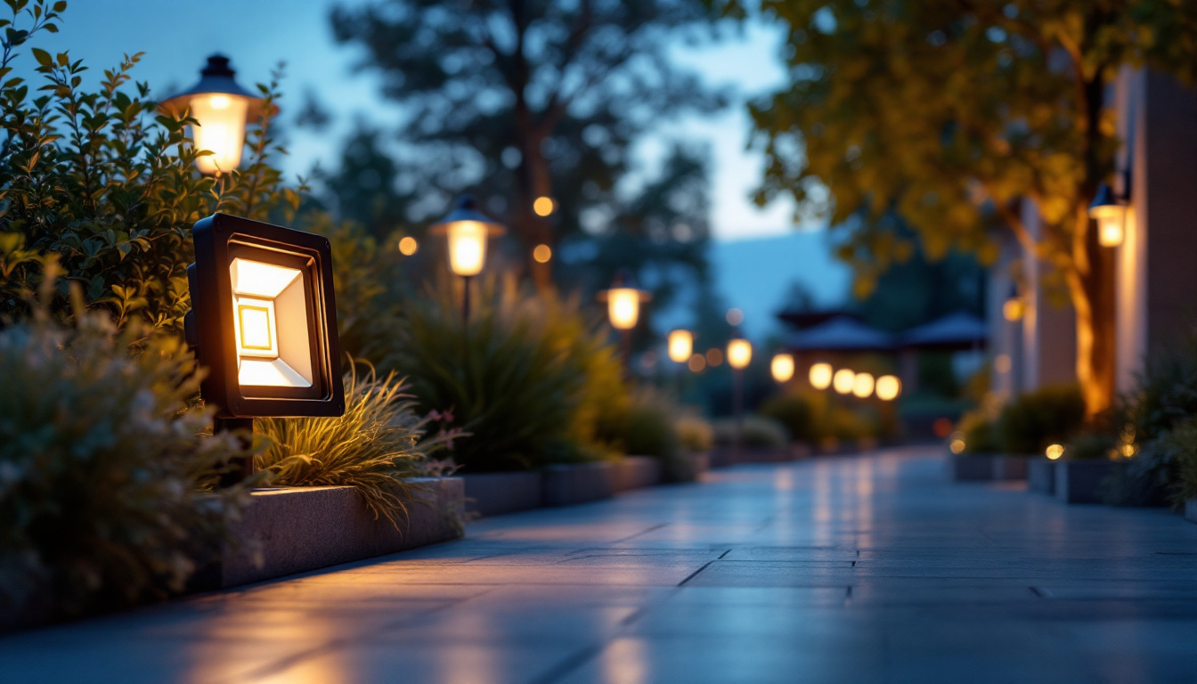 A photograph of a beautifully illuminated outdoor space featuring various flood lamps in action