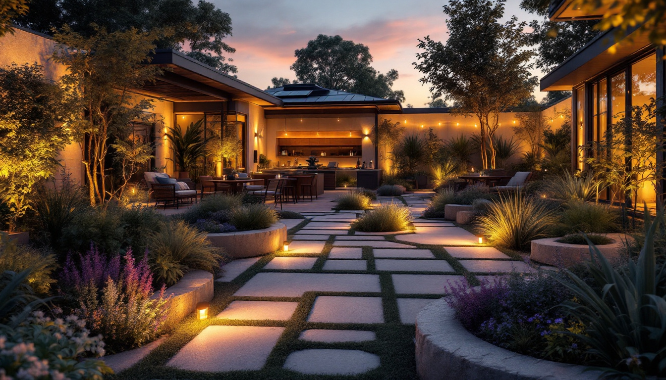 A photograph of a beautifully illuminated outdoor space featuring solar-powered lights highlighting garden paths