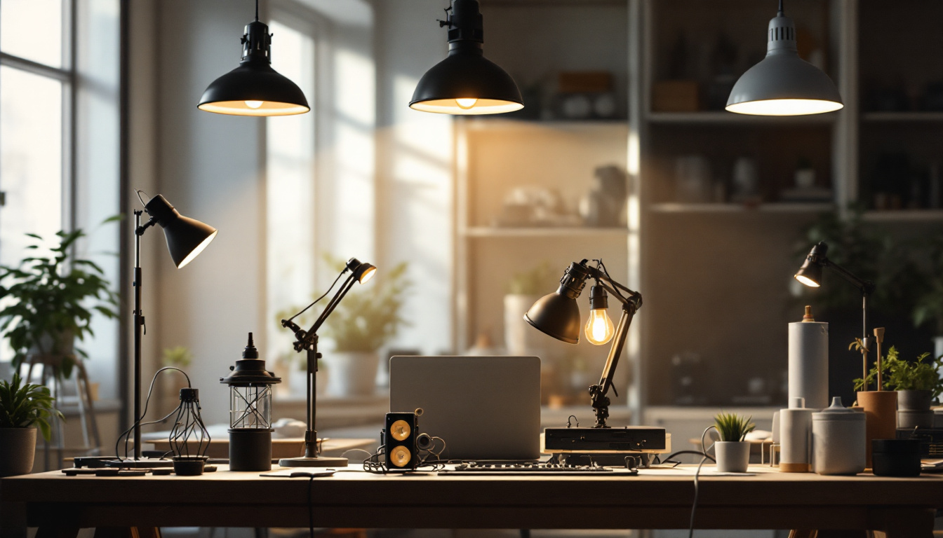 A photograph of a well-lit workspace featuring a variety of ballast lamps in use