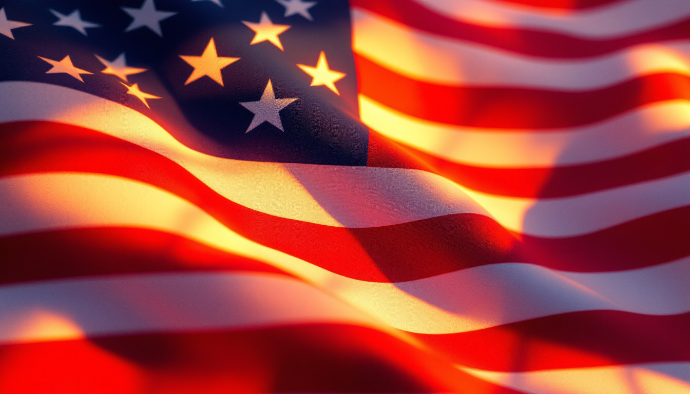 A photograph of a vibrant flag illuminated by dynamic lighting