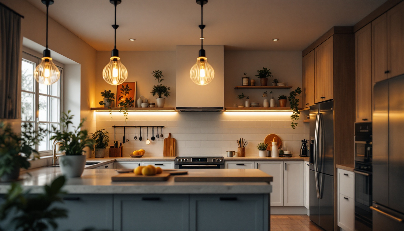 A photograph of a beautifully illuminated kitchen featuring modern ceiling lights