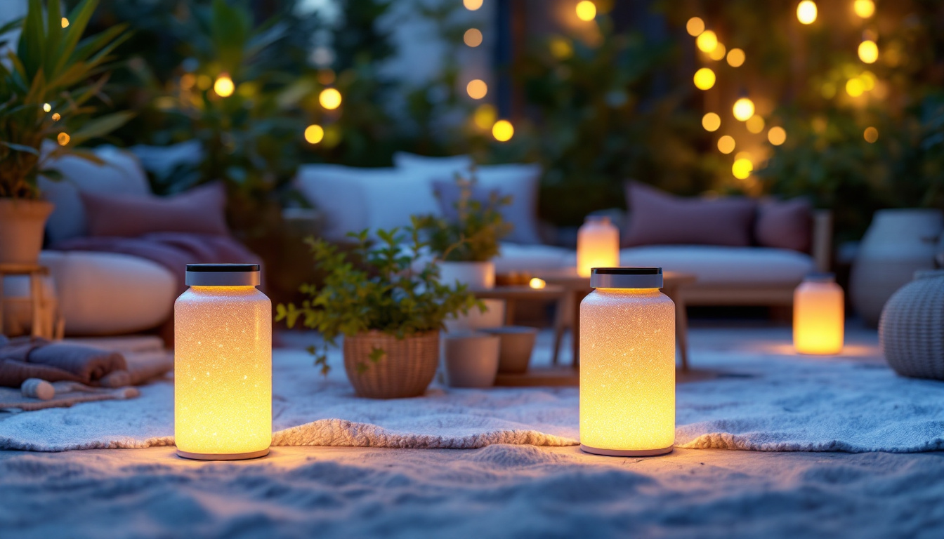 A photograph of a beautifully arranged outdoor setting featuring glowing led solar lanterns illuminating a cozy gathering space