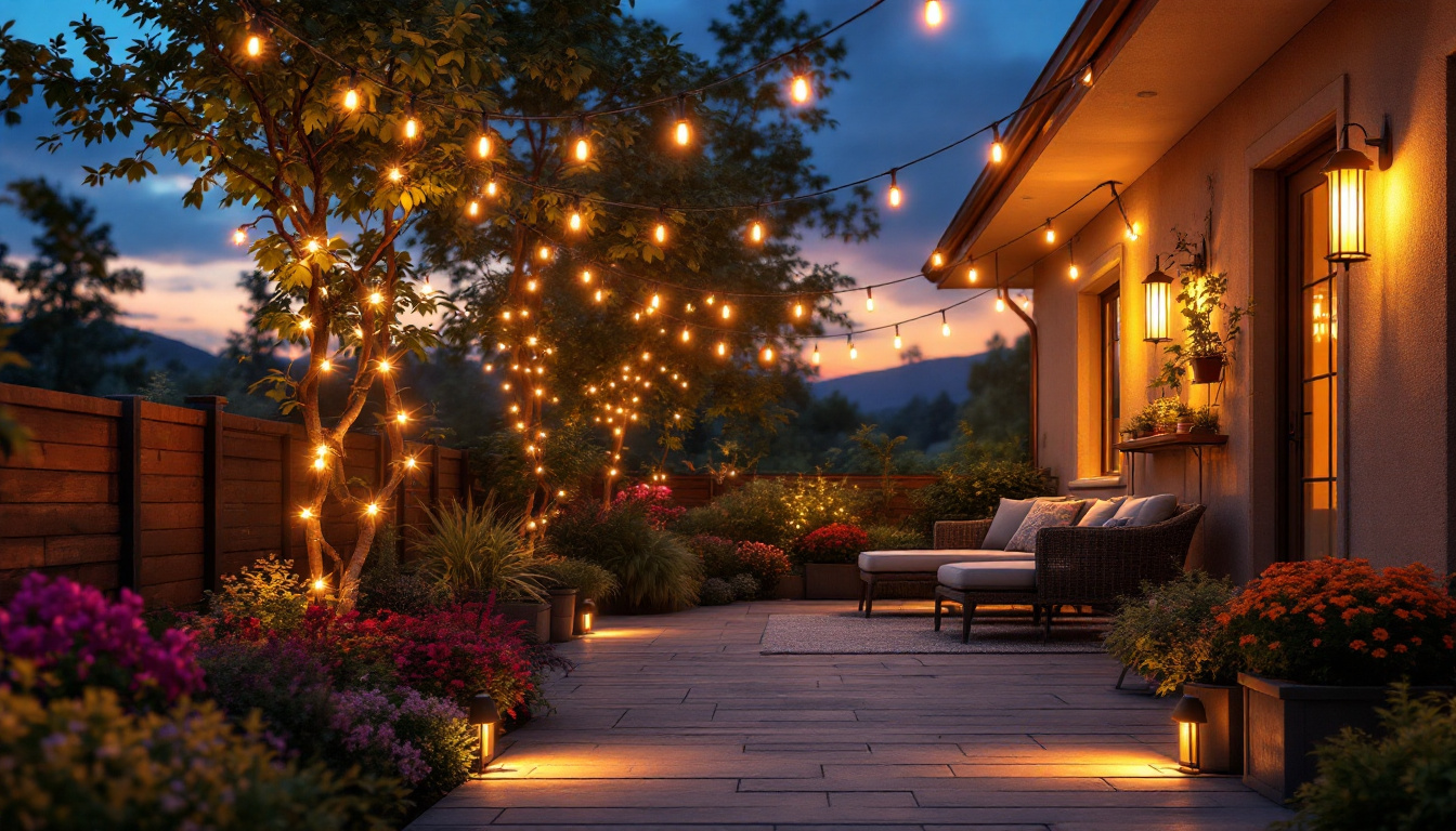 A photograph of a beautifully illuminated outdoor patio at dusk