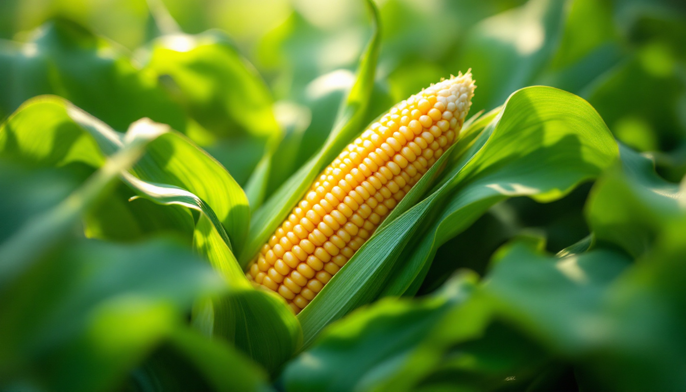 A photograph of a vibrant corn bulb nestled among lush green leaves