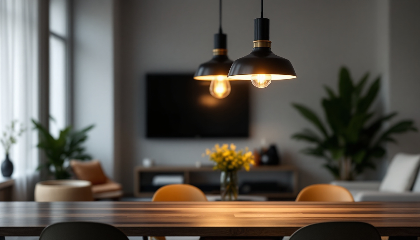 A photograph of a stylish pendant light fixture elegantly illuminated in a modern interior setting