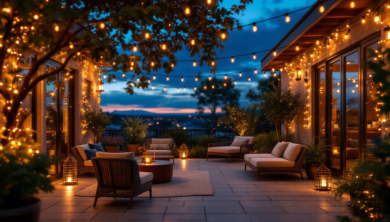A photograph of a beautifully lit outdoor patio featuring strands of decorative lights draped elegantly across the space