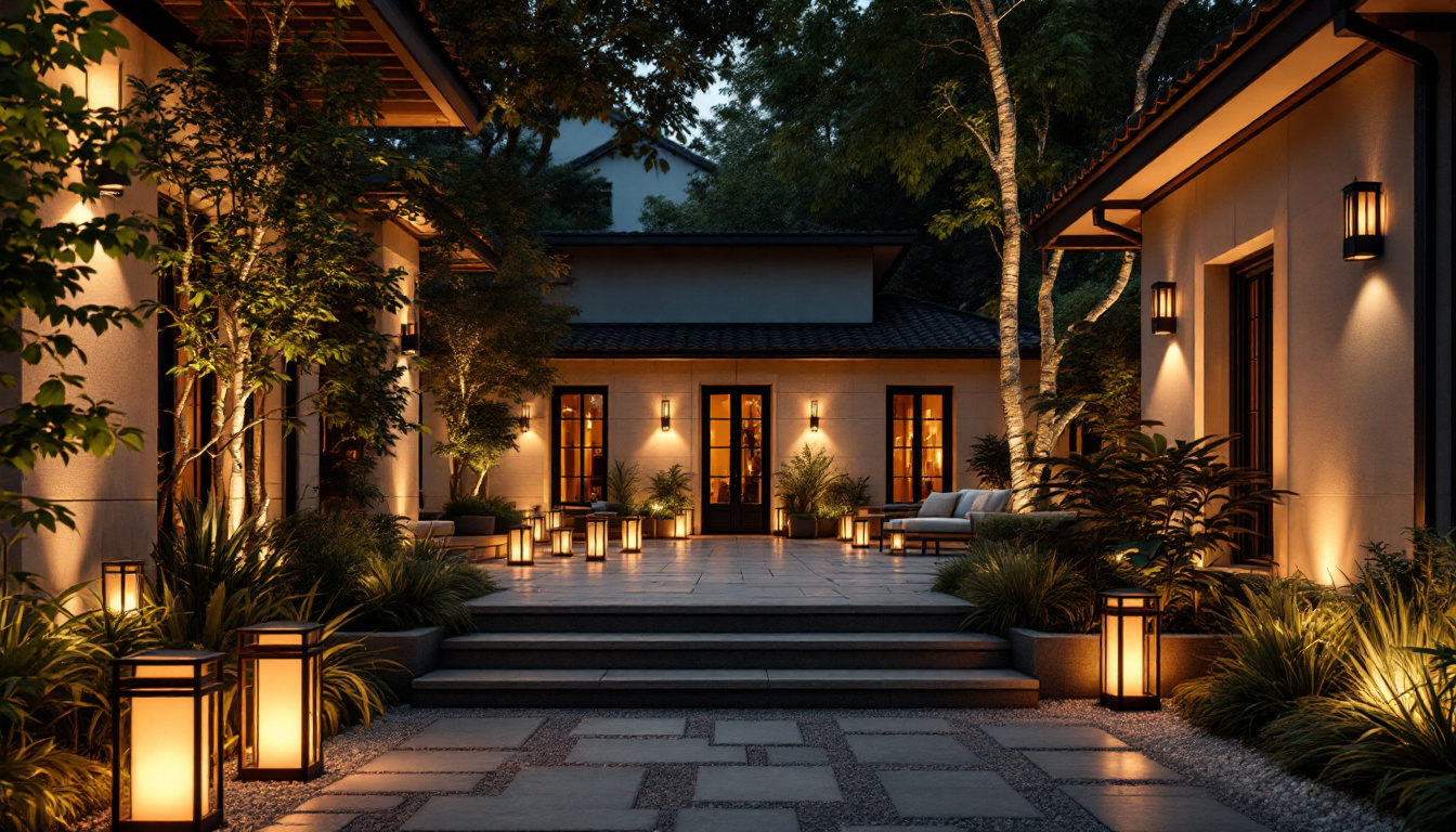 A photograph of a beautifully designed outdoor space illuminated by various styles of external lamps