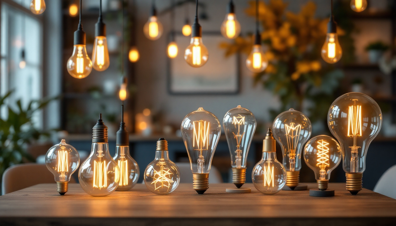 A photograph of a beautifully arranged display of various light bulb decorations in a stylish interior setting