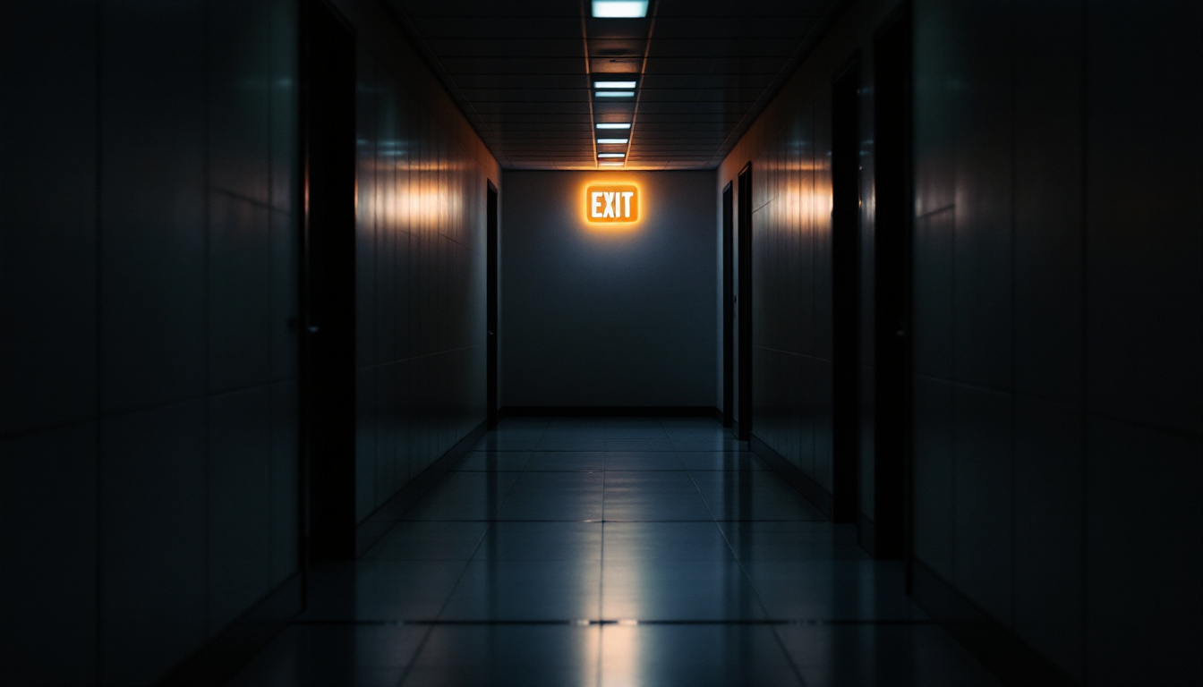 A photograph of a dimly lit hallway featuring a glowing illuminated exit sign at the end