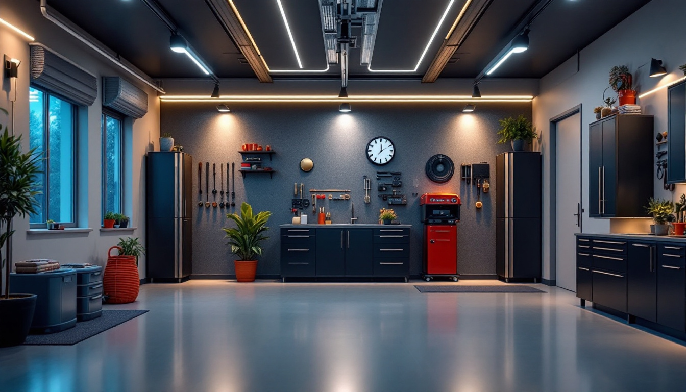 A photograph of a well-designed garage space featuring stylish recessed lighting that highlights the room's functionality and aesthetic appeal