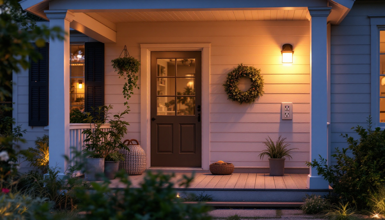 A photograph of a beautifully designed porch featuring an energy-efficient light fixture with an integrated outlet