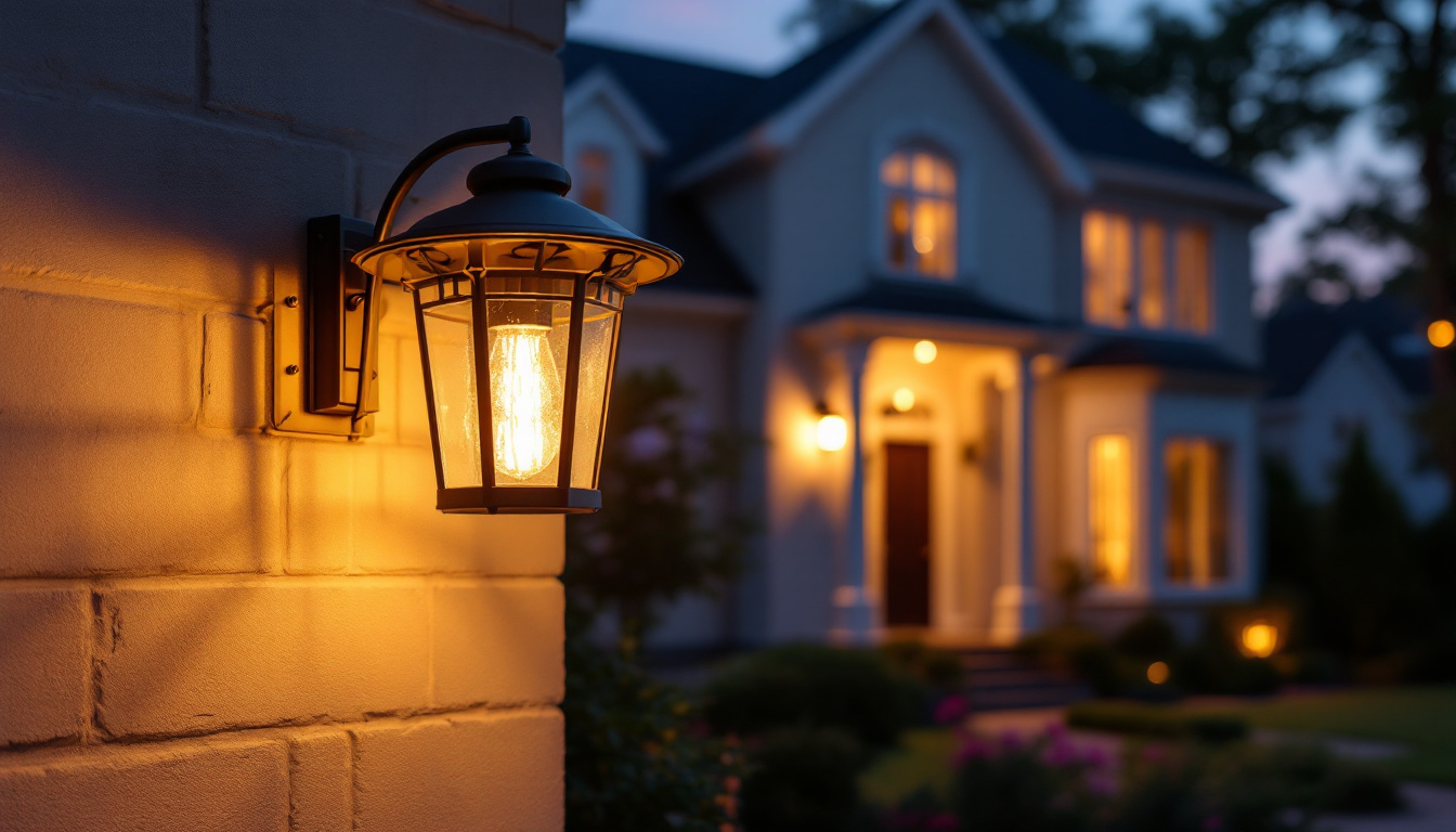 A photograph of a beautifully illuminated outdoor house lamp in a residential setting