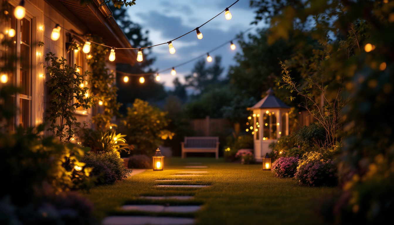 A photograph of a beautifully illuminated backyard scene at dusk