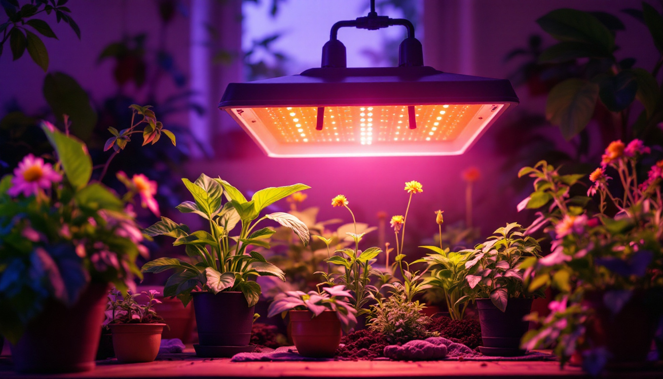 A photograph of a vibrant indoor garden scene illuminated by a greenhouse lamp