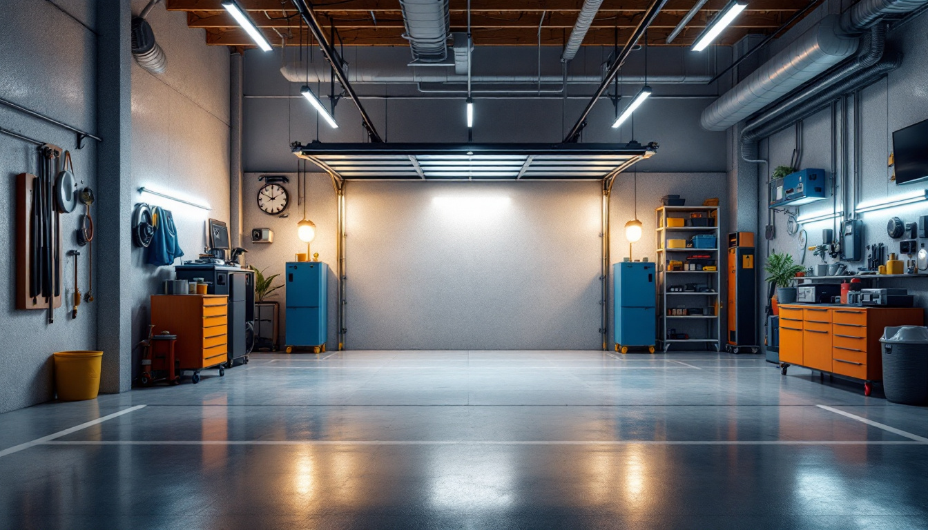 A photograph of a modern garage space illuminated by innovative lighting solutions