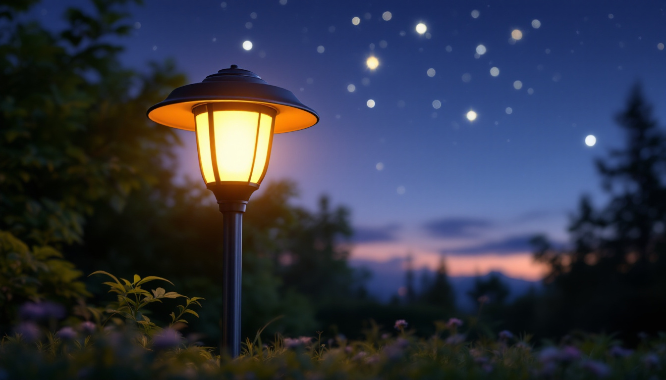 A photograph of a beautifully illuminated solar yard light in a serene outdoor setting at dusk