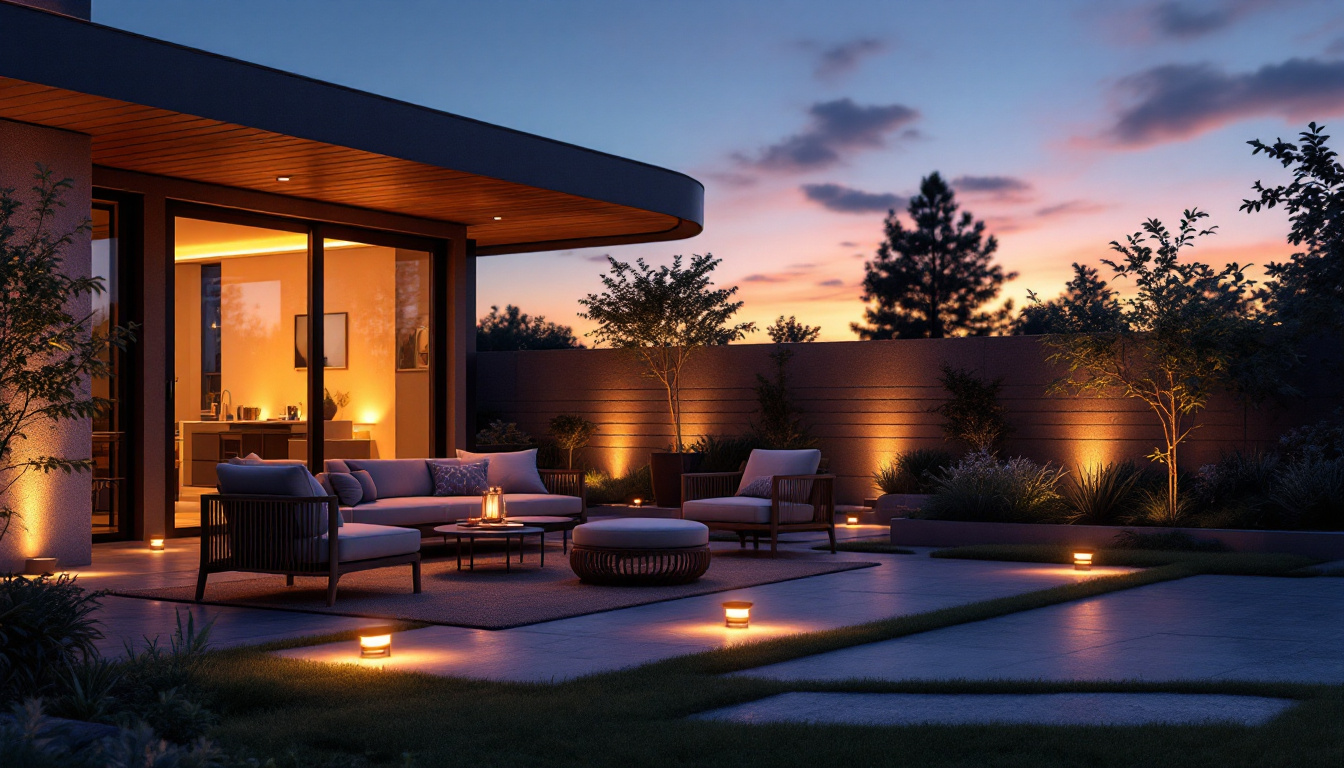 A photograph of a modern outdoor space illuminated by solar-powered led lights at dusk