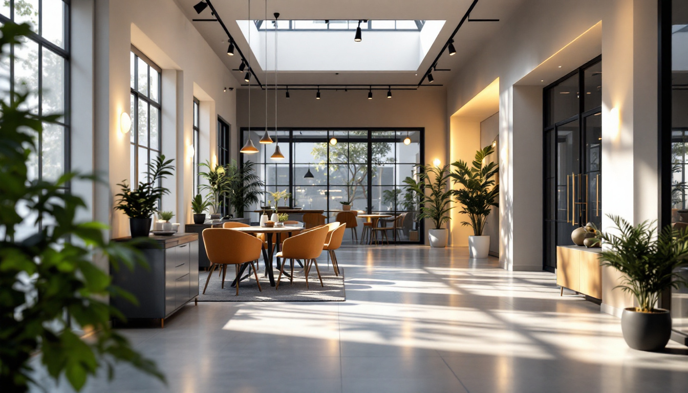 A photograph of a modern commercial space showcasing innovative lighting designs