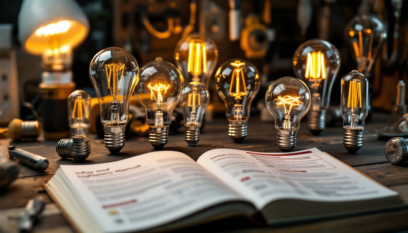 A photograph of a variety of shop light bulbs displayed on a workbench