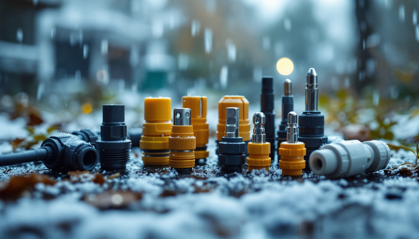 A photograph of a close-up of various weatherproof wire connectors in an outdoor setting