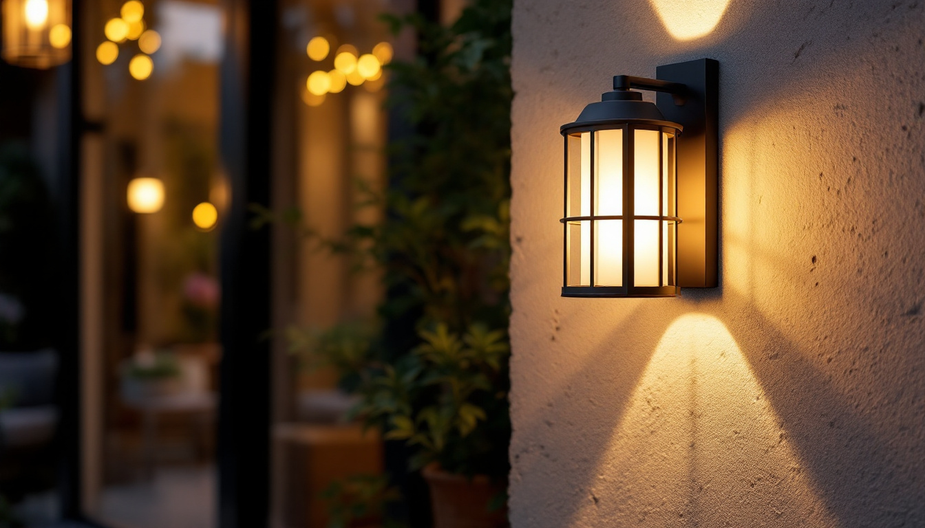 A photograph of a beautifully designed outdoor wall-mounted lamp illuminating a cozy patio or entryway