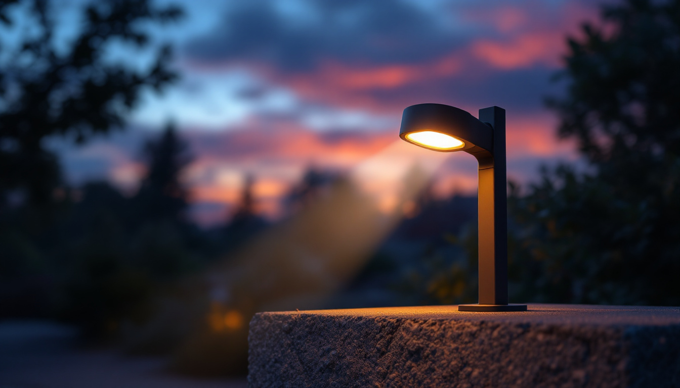A photograph of a beautifully illuminated outdoor space featuring a sleek led solar power dusk-to-dawn spotlight