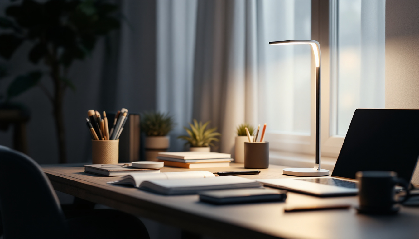 A photograph of a well-lit workspace or study area showcasing a modern lamp emitting 800 lúmenes