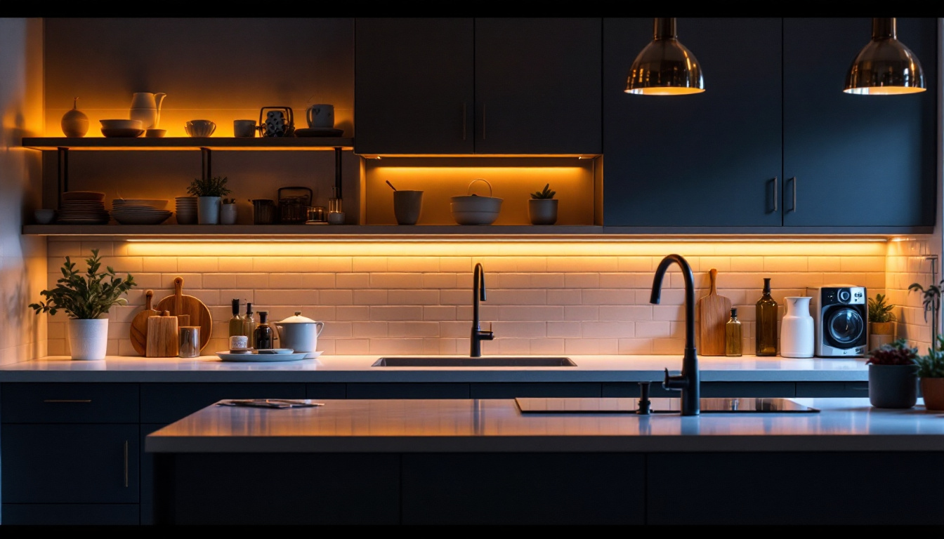 A photograph of a beautifully illuminated kitchen featuring under counter lights