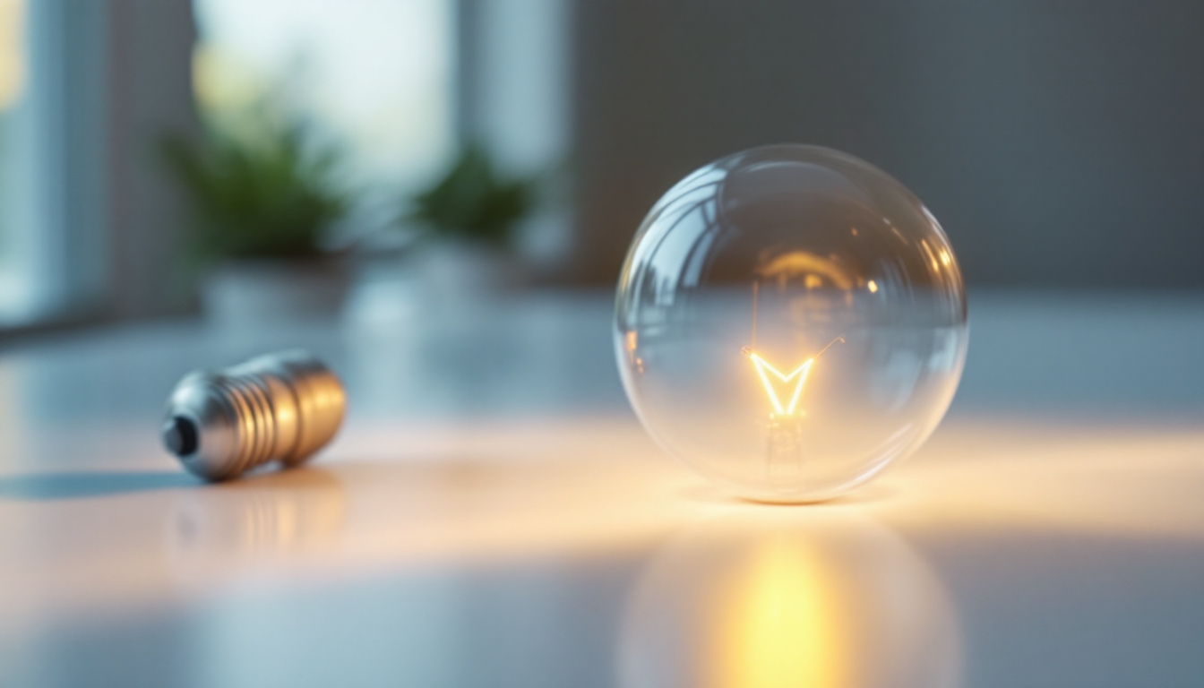 A photograph of a close-up of a shatter-resistant light bulb illuminated in a bright