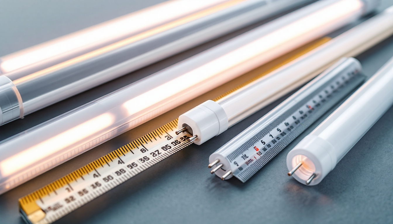 A photograph of capture a photograph of various fluorescent tubes laid out next to a measuring tape or ruler