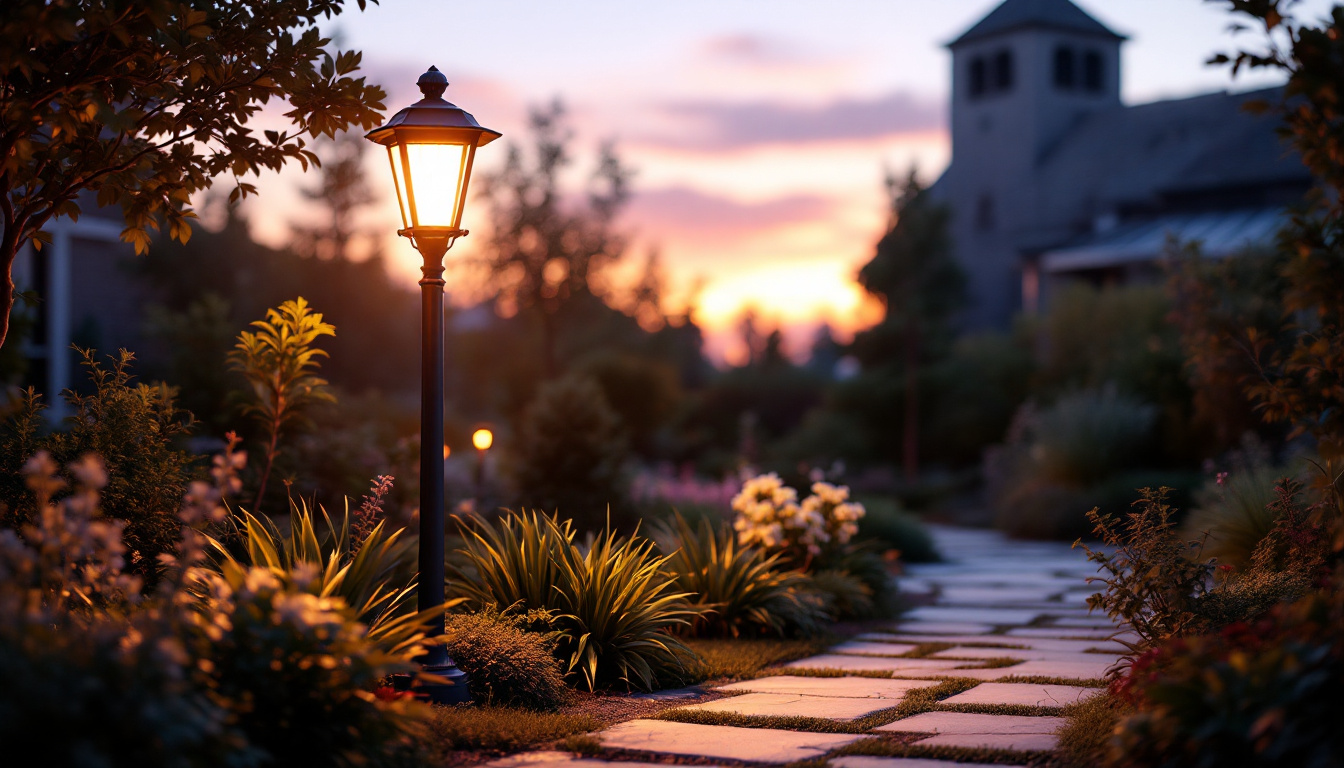 A photograph of a beautifully illuminated outdoor post lamp in a cozy garden setting during twilight