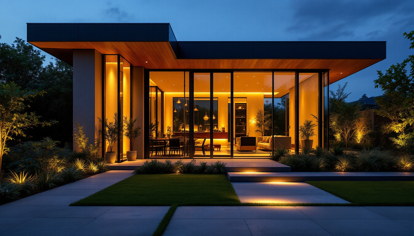 A photograph of a beautifully illuminated modern outdoor space at dusk