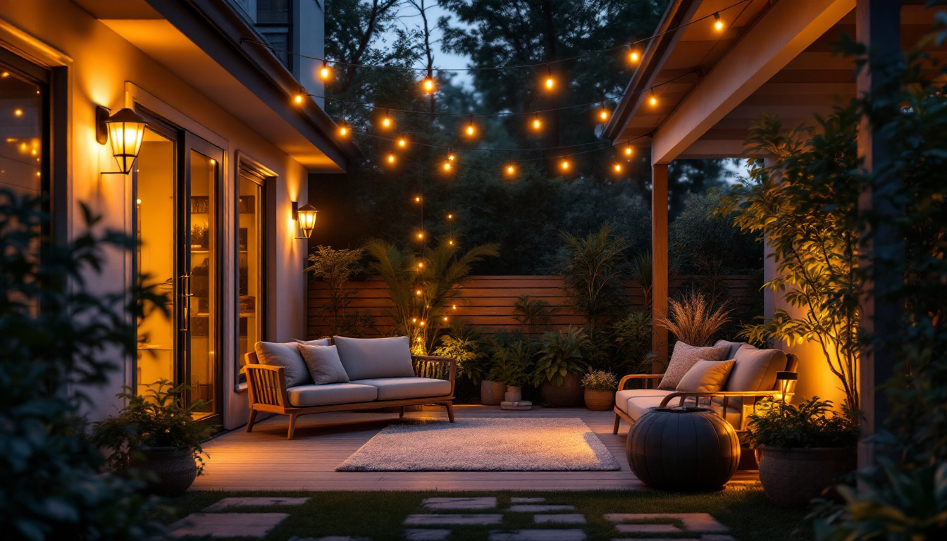 A photograph of a beautifully illuminated outdoor space featuring a variety of stylish outdoor lights