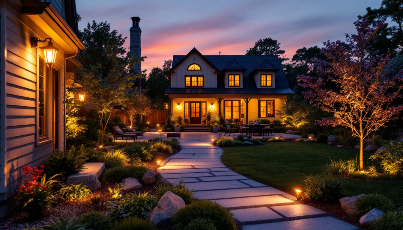 A photograph of a beautifully illuminated backyard at dusk