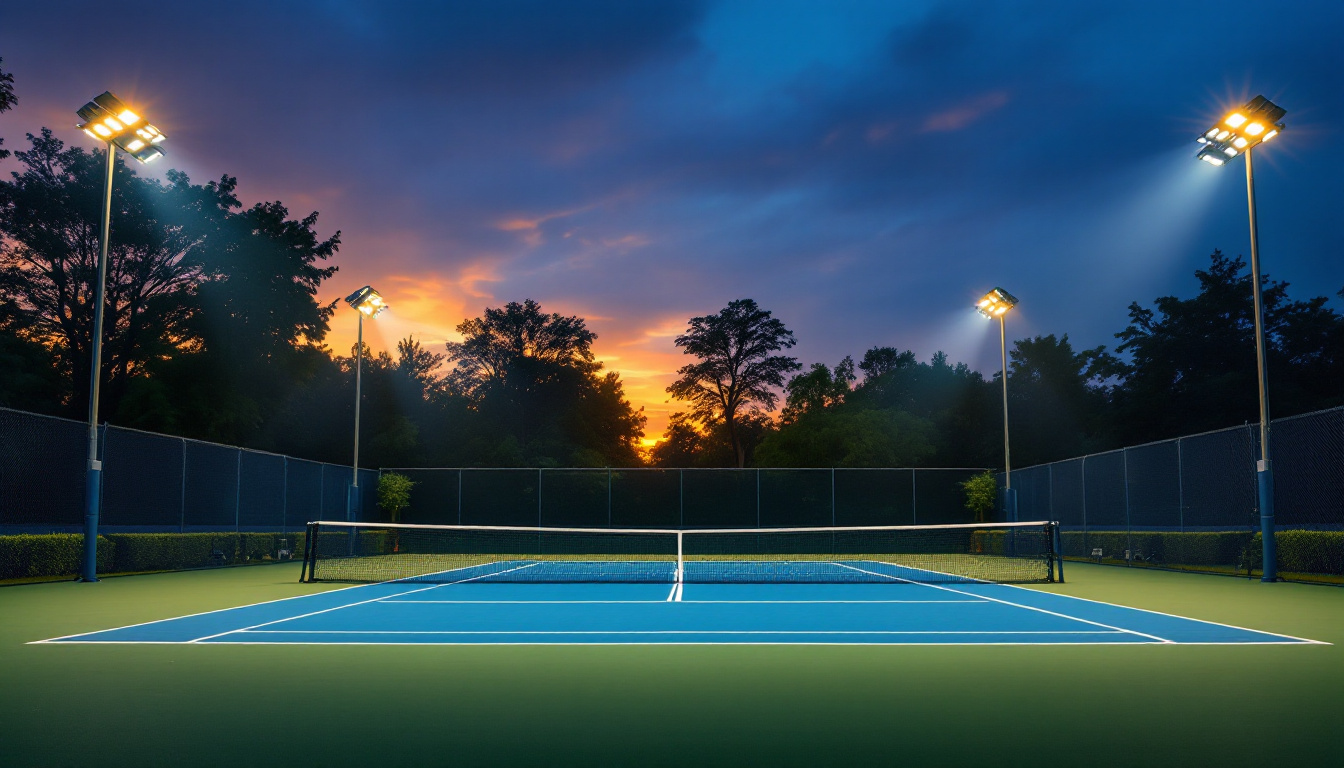 A photograph of a well-lit tennis court at dusk