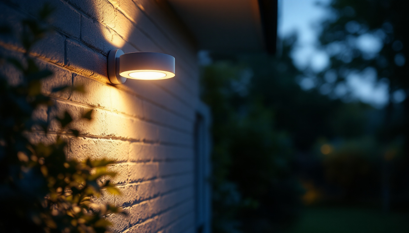 A photograph of a well-lit outdoor space featuring a stylish security light installed on a home