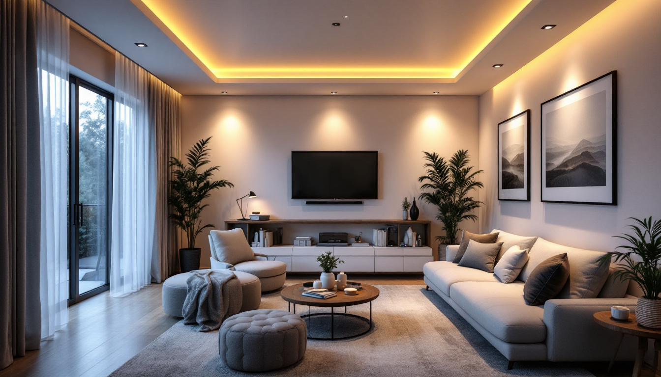 A photograph of a beautifully designed modern living space featuring stylish led pot lights that highlight the room's architecture and ambiance