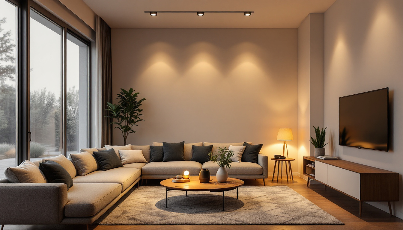 A photograph of capture a photograph of a modern living space featuring sleek 4-inch recessed lighting fixtures