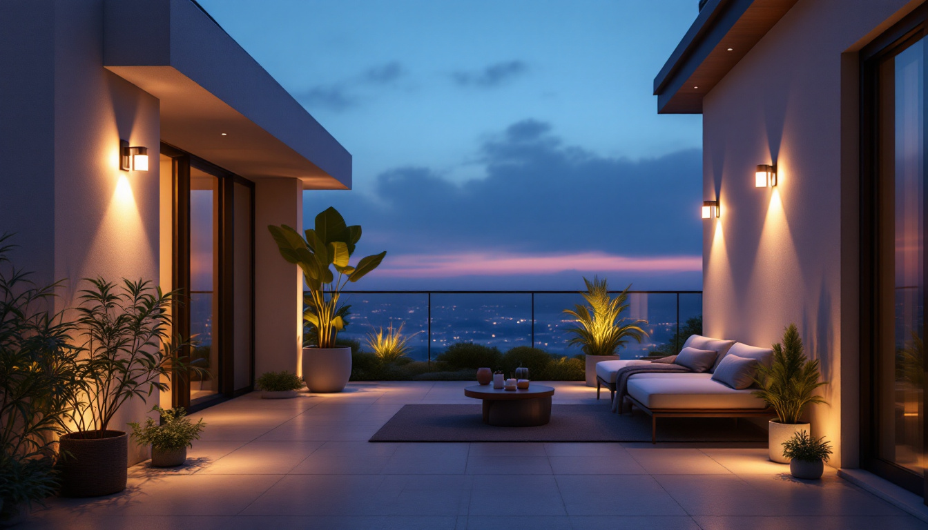 A photograph of a beautifully designed outdoor patio illuminated by stylish