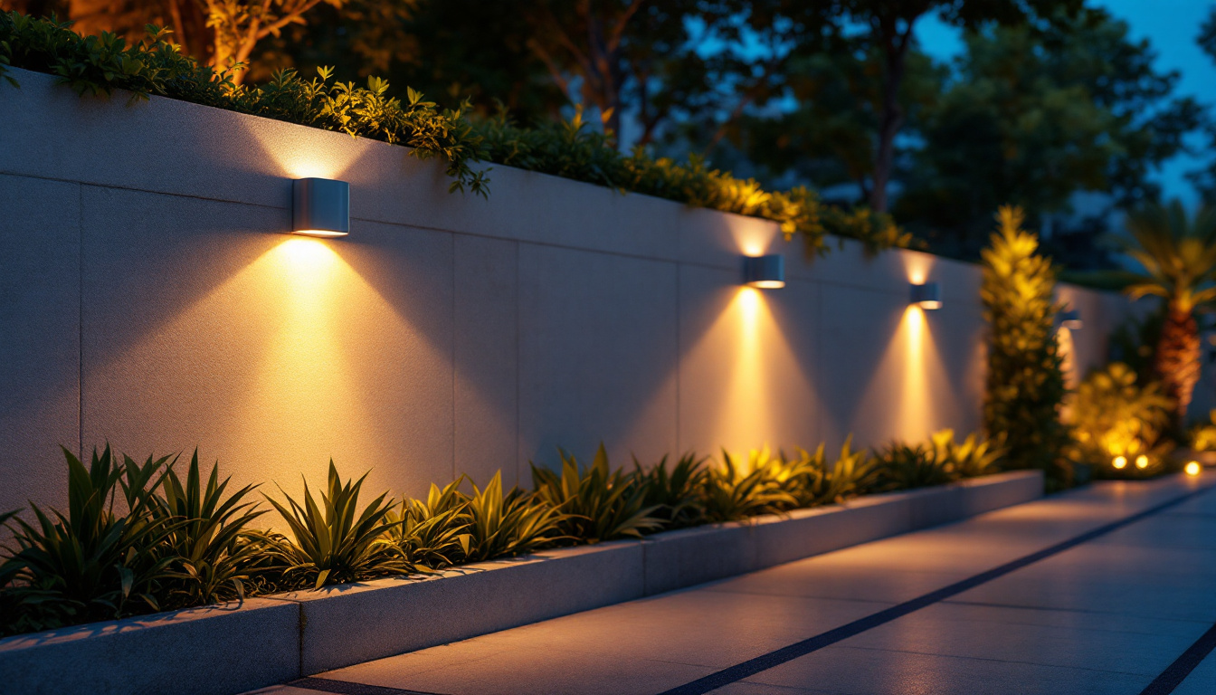 A photograph of a beautifully illuminated outdoor wall featuring up lighting that highlights architectural details and surrounding greenery