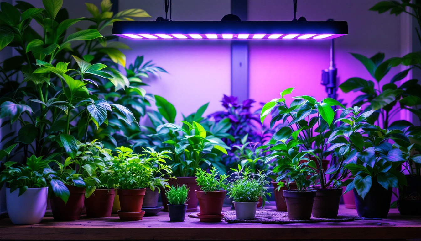 A photograph of a vibrant indoor gardening setup featuring various plants illuminated by discount grow lights