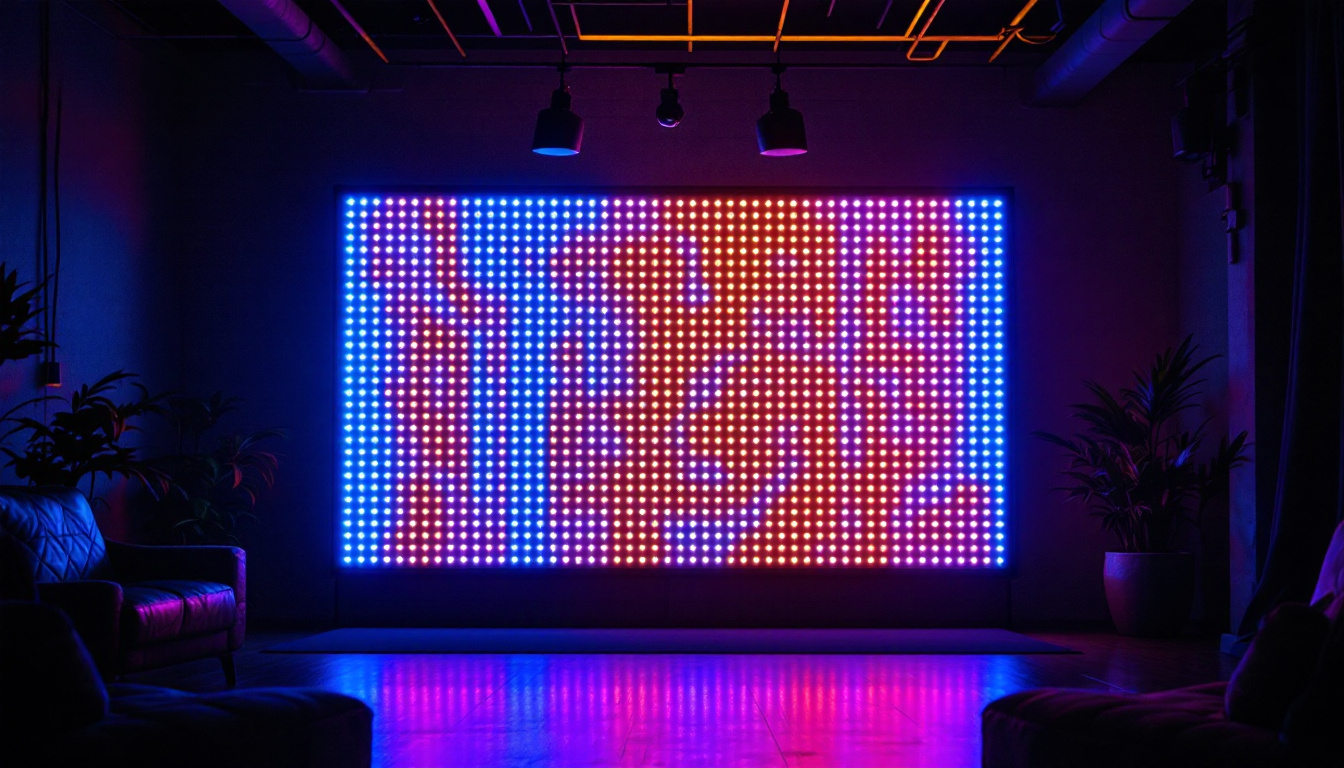 A photograph of a vibrant 100 ft led light installation in a dimly lit environment