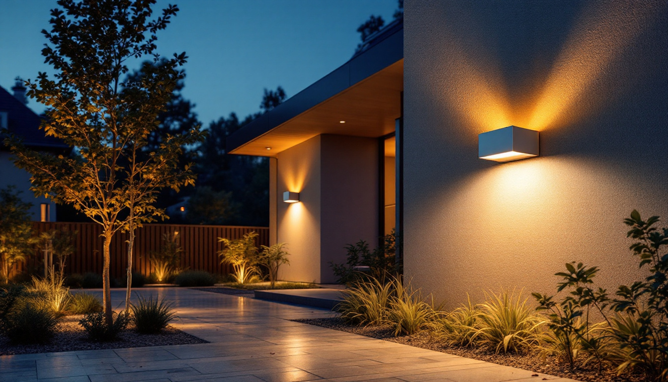 A photograph of a beautifully illuminated outdoor space featuring a sunco lighting led wall pack installed on a building or wall