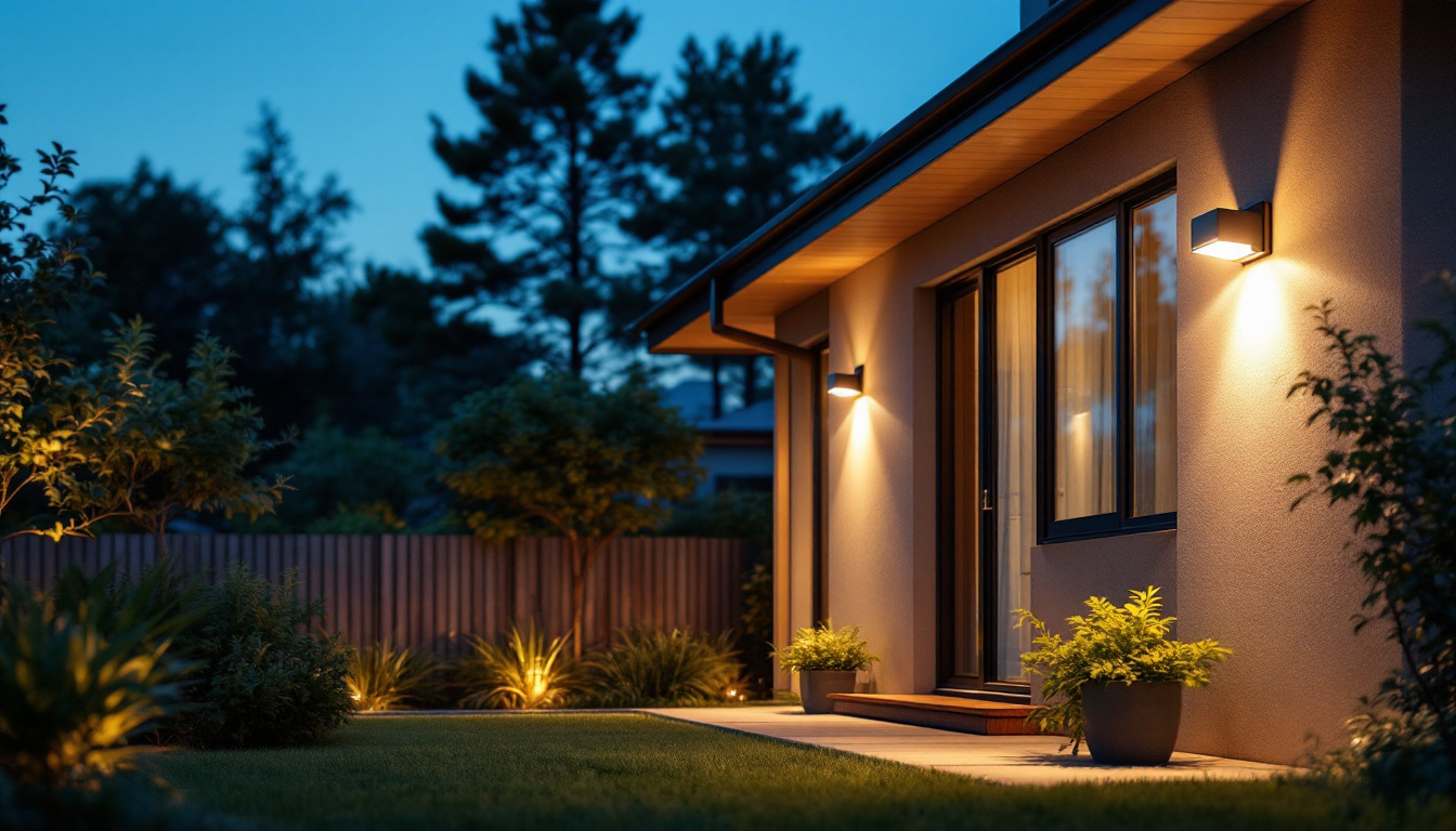 A photograph of a beautifully illuminated outdoor space showcasing a motion detector flood light in action