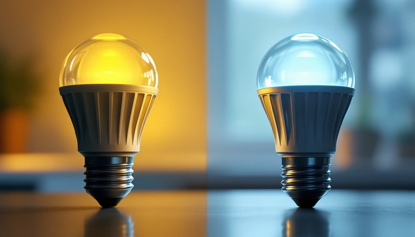 A photograph of a side-by-side comparison of 1-watt and 15-watt led bulbs illuminated in a well-lit environment